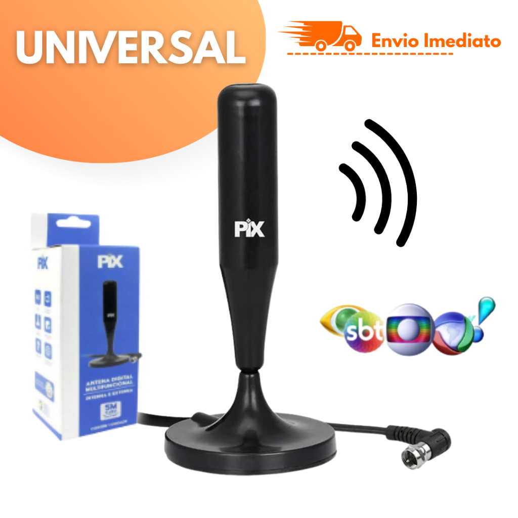 Antena Digital PIX 1,8M TV Interna Externa com Sinal HD Universal Imediato