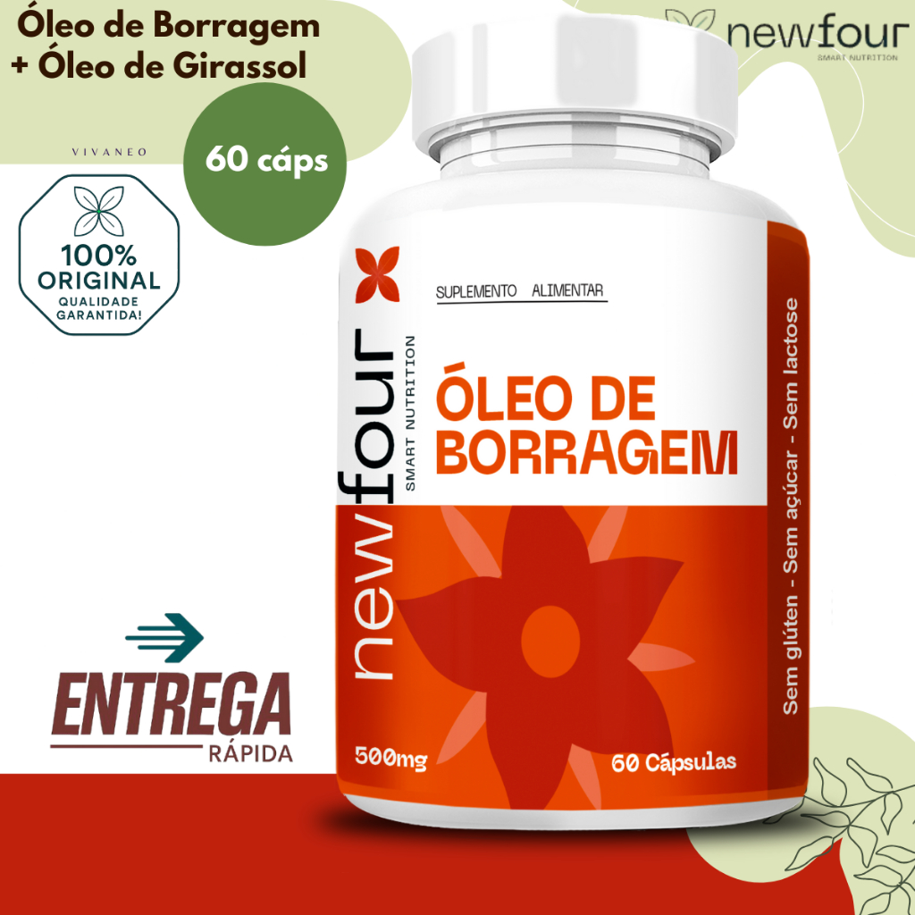 Óleo de Girassol + Óleo de Borragem 500mg 60 Cápsulas - New Four alívio dos sintomas da TPM e Cólicas
