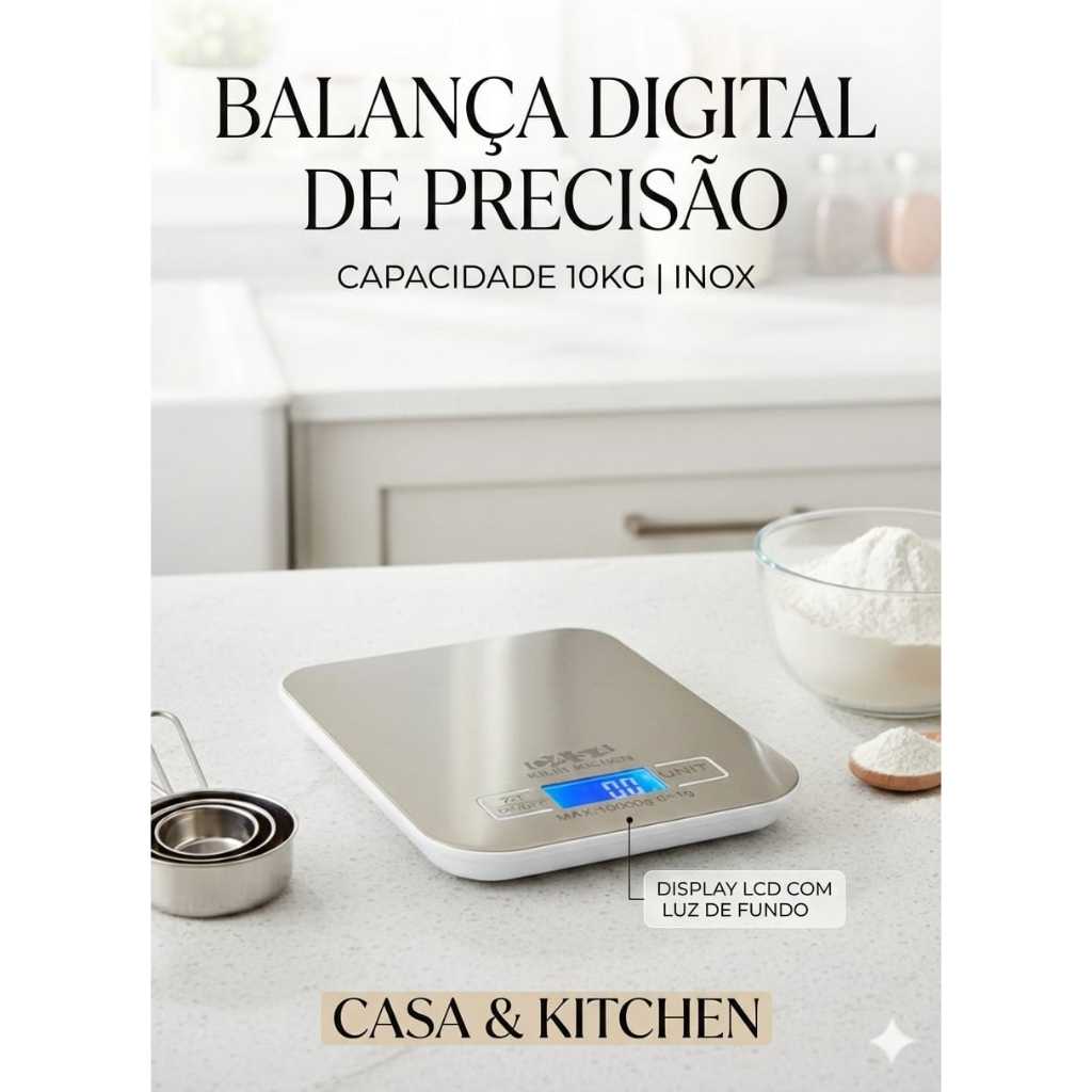 Balança Digital de Cozinha 10kg – Alta Precisão – Casa Kilin Kitchen – LCD, Tara, Compacta