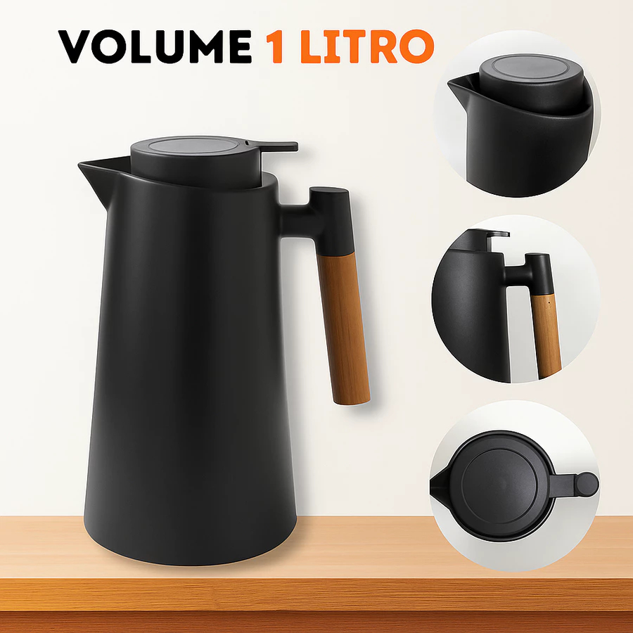 Garrafa Térmica 1L Inox para Café e Chá – Premium com Cabo de Madeira