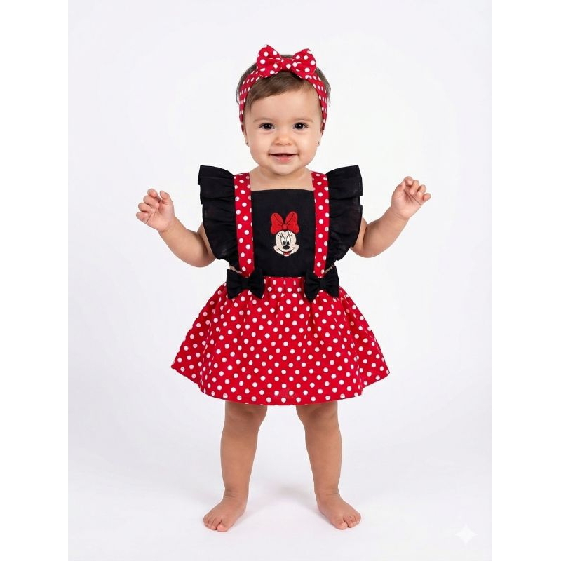 Jardineira Romper body bebê menina Minnie vermelha Mesversário Roupa Fantasia bebê Minie Minnie Minei temática