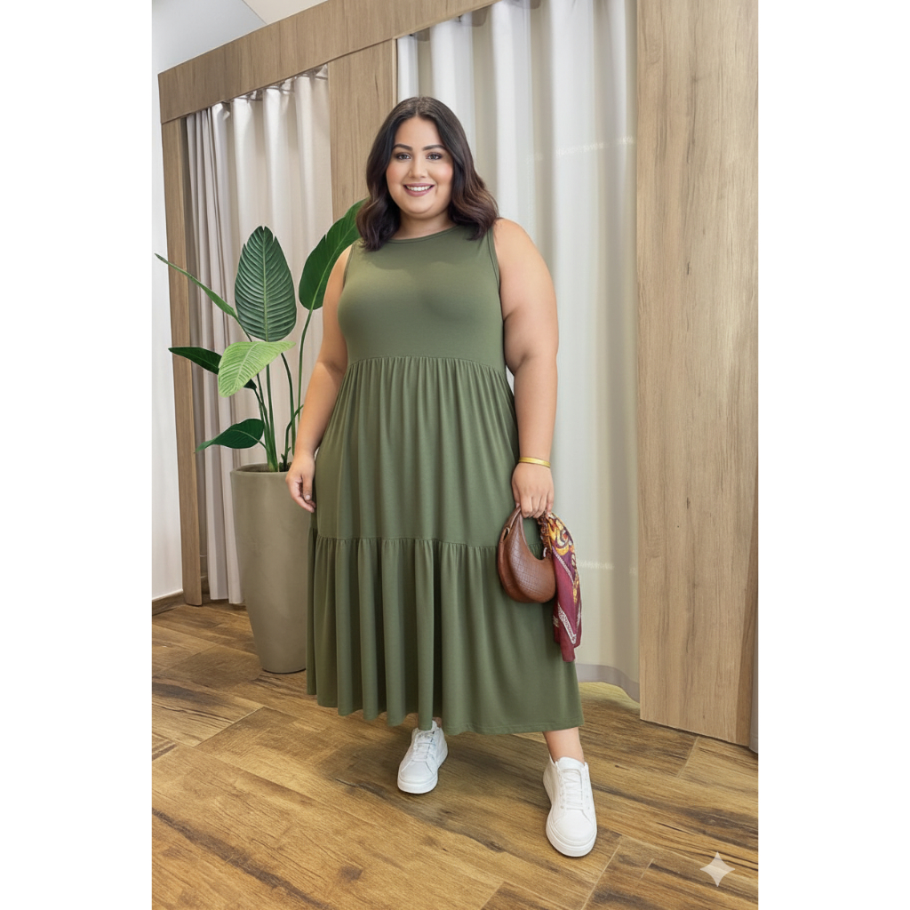 vestido longo plus size midi viscolycra babado tres marias soltinho confortavel regata evangelica boho chic elegante em Oferta na Shopee