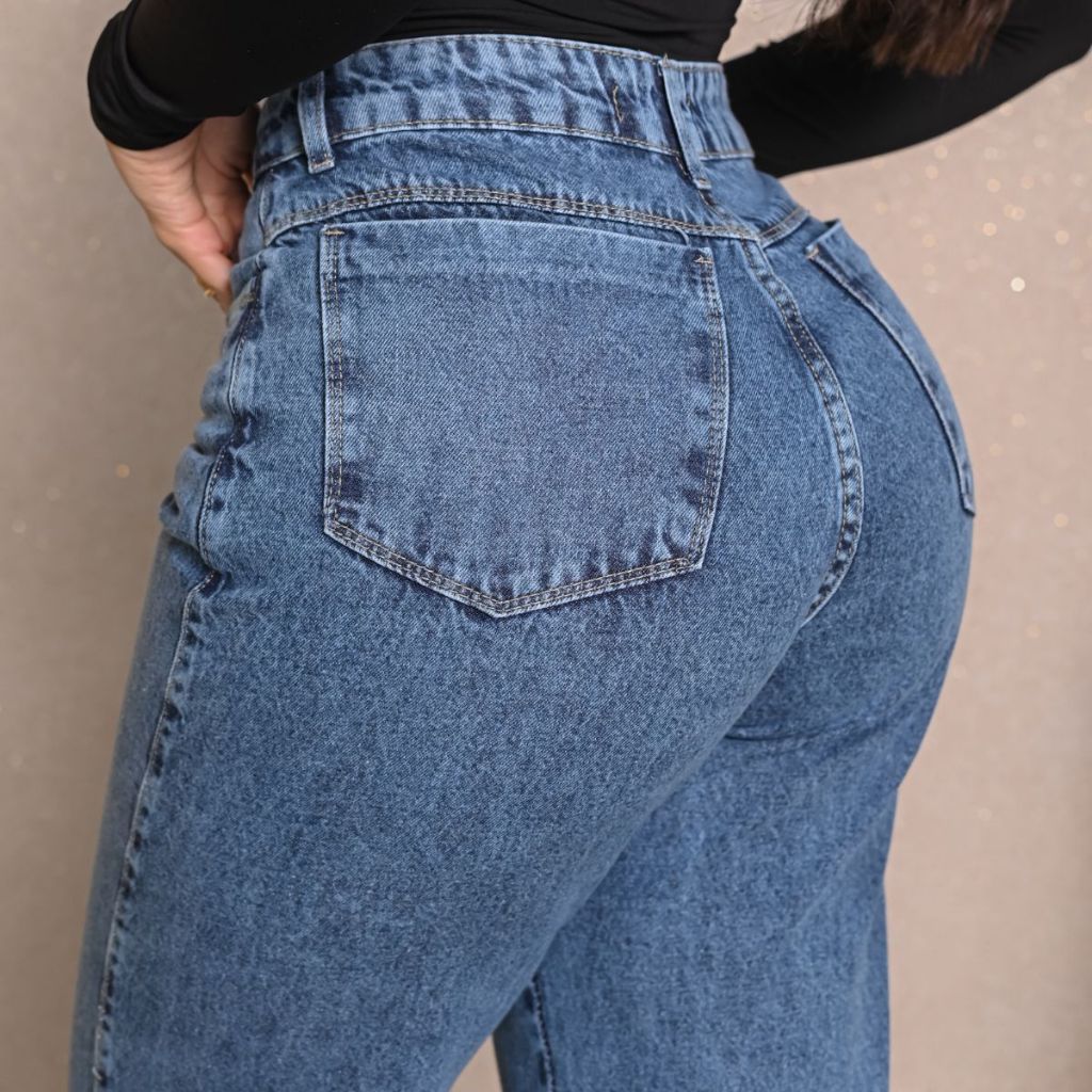 Calça Wide Leg Jeans Feminina Marmorizada Pantalona Boca larga Cintura Alta 100% Algodão Premium