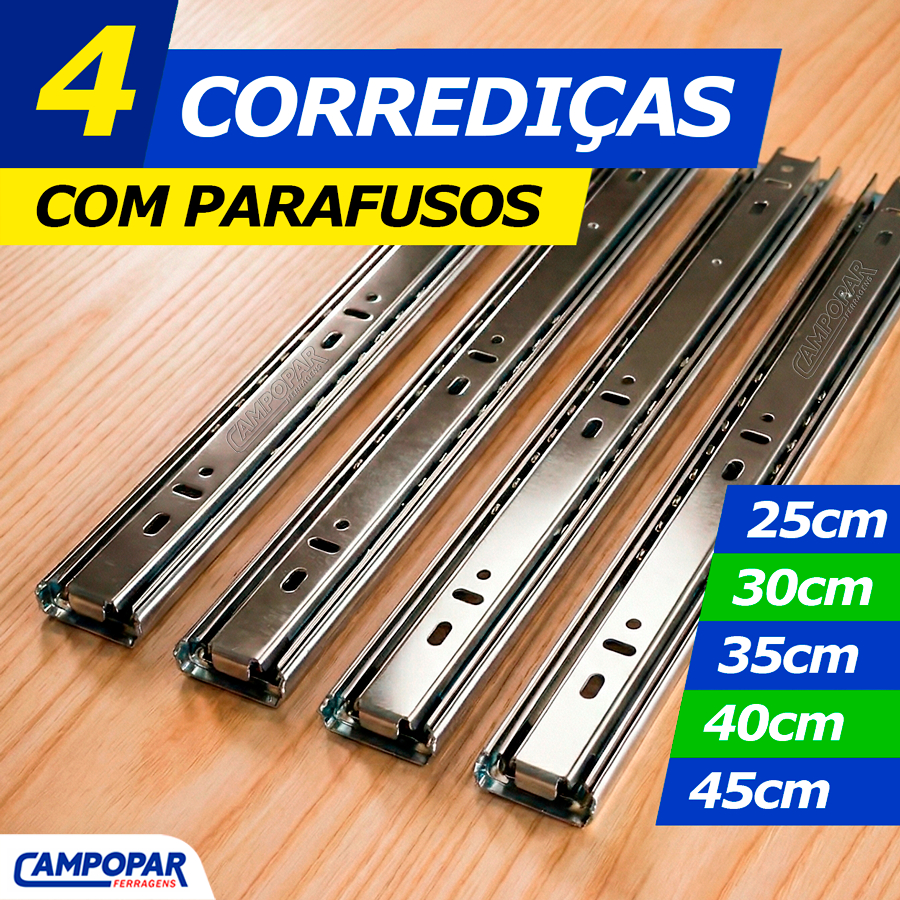 Kit 4 Corrediça Telescópica (2 PARES) Light Para Gaveta Trilho + Parafusos 25cm 30cm 35cm 40cm 45cm em Oferta na Shopee