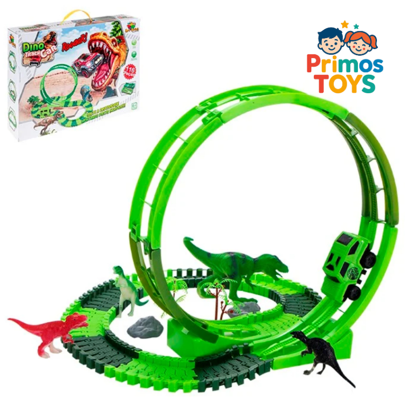 Pista Dino Track Car 116 Peças Articuladas – Kit Completo com Carrinho e Dinossauros