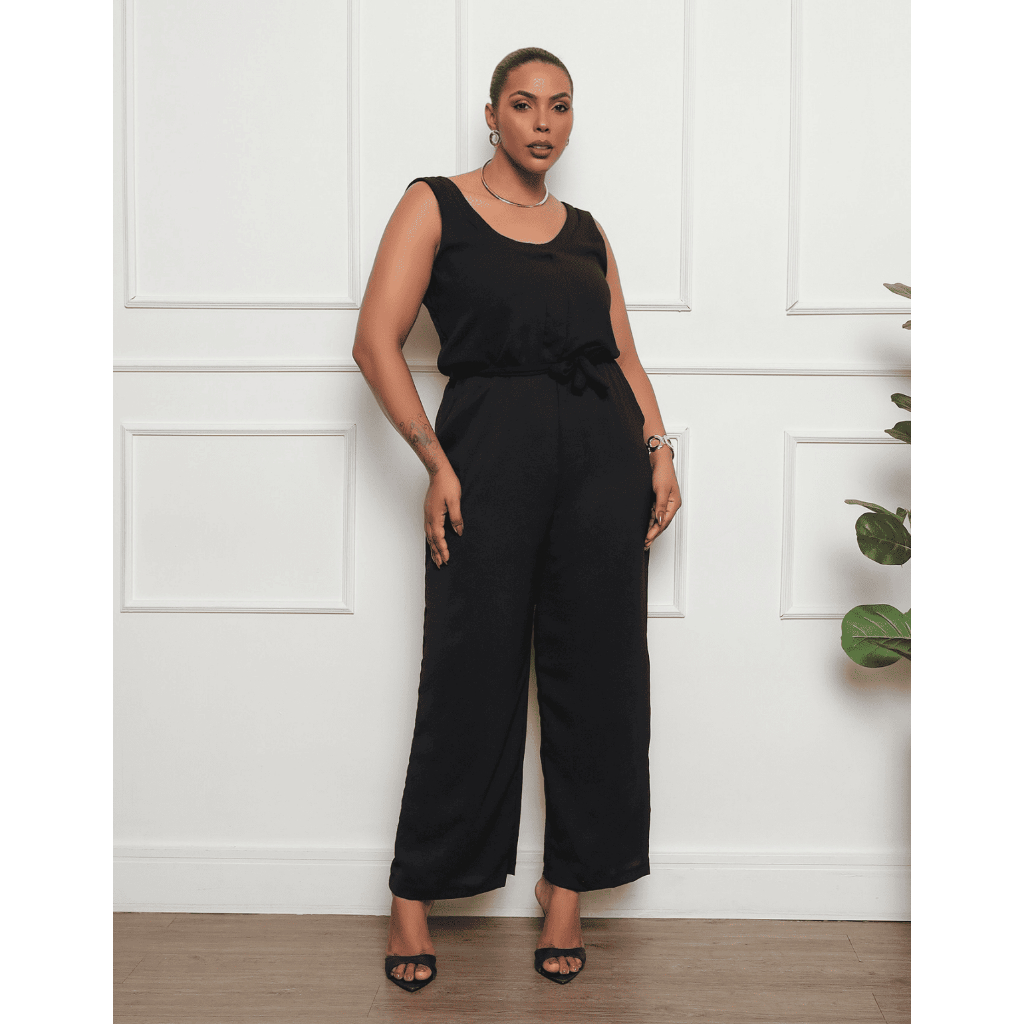 Macacão Plus Size Feminino Confortável Casual com Faixa e Bolsos G1 ao G4
