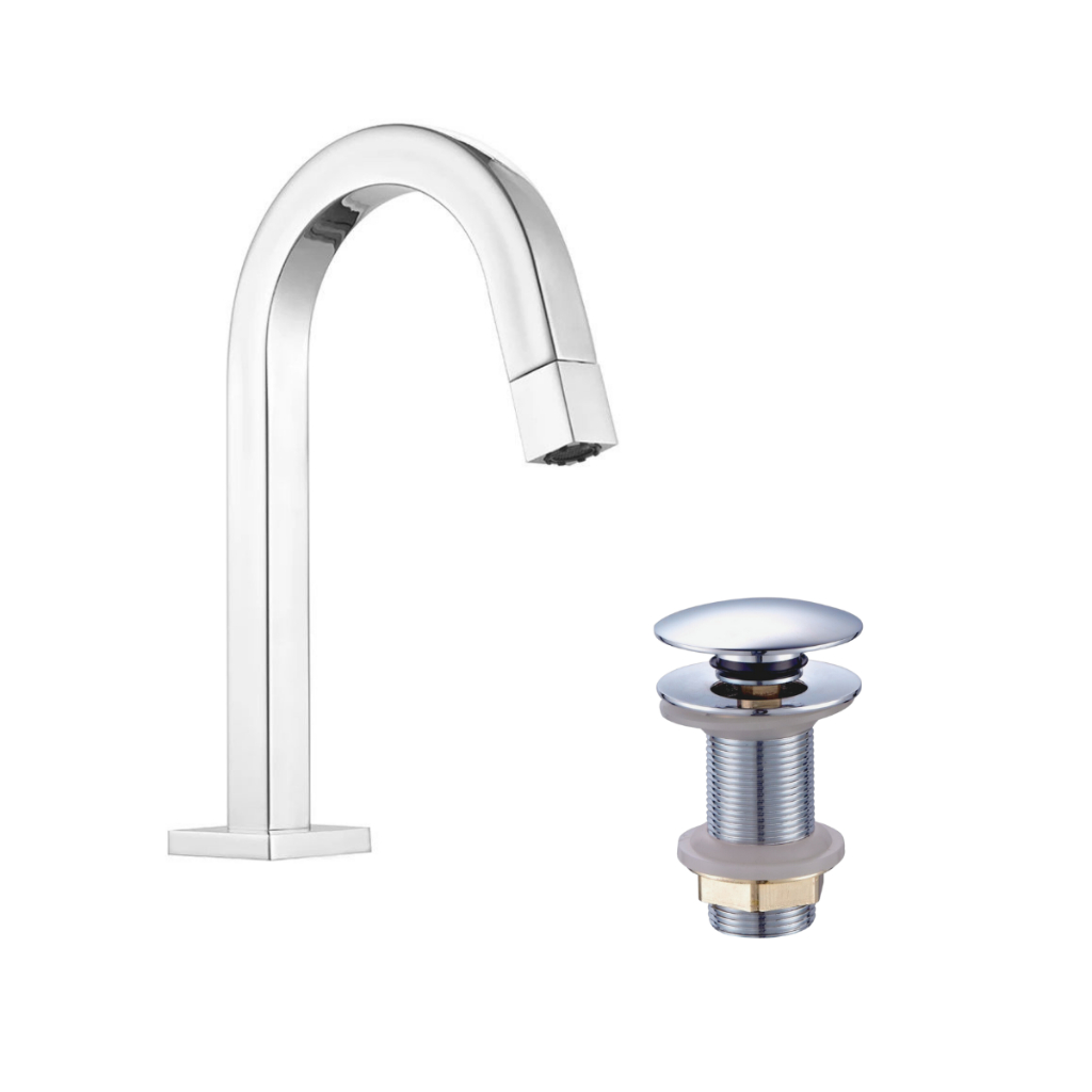 Kit Torneira Lavatório Banheiro Lavabo Quadrada bica média baixa + Válvula click 7/8 Cromado Metal
