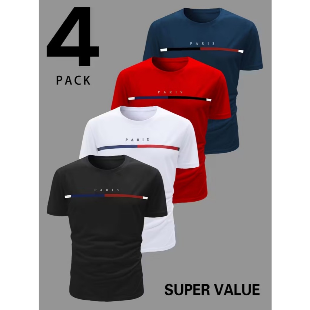 Kit 4 Camisas Estampadas Camisetas Masculina 100% Algodão Fio 30.1 Blusa Manga Paris