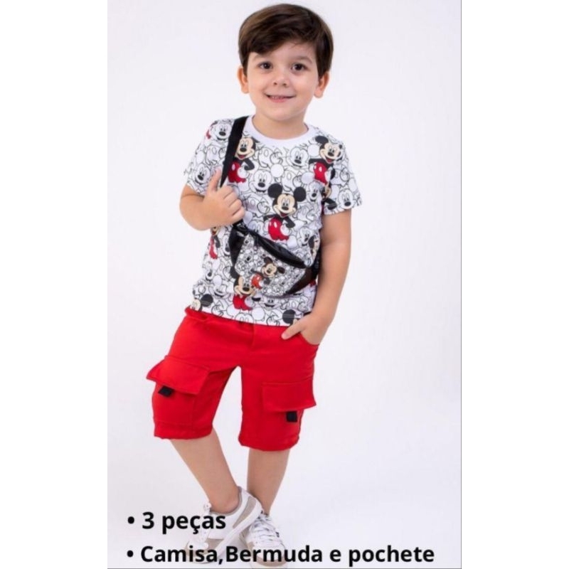 Conjunto Masculino Infantil Juvenil 3 Peças Camiseta Algodão Bermuda Cargo + Pochete