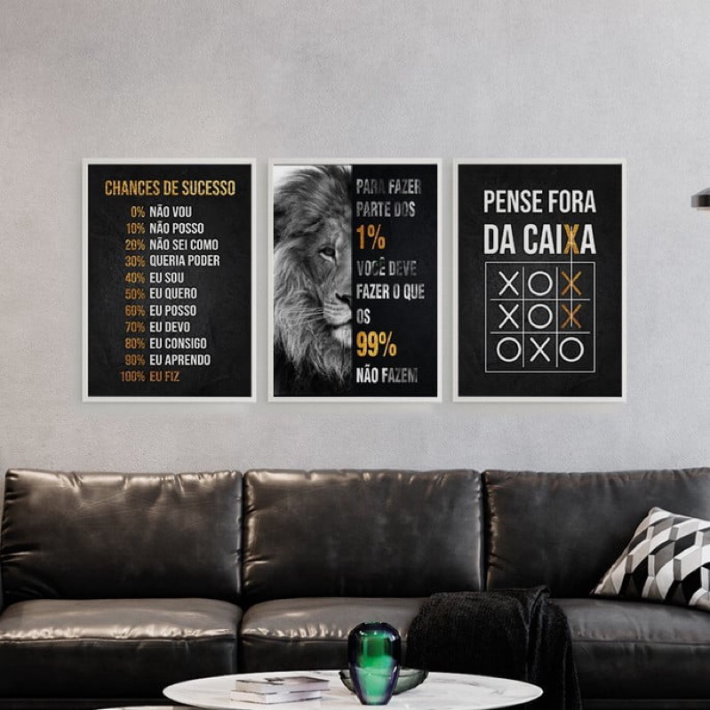 Kit 3 Quadros Motivacionais Modernos Pense Fora da Caixa Frases de Sucesso Decoração Escritório e Sala