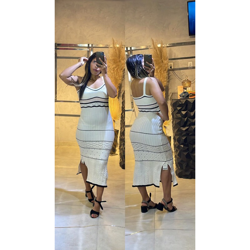 Vestido Midi Feminino Elegante Fenda Alça Listrado Fim de Ano Festa Tricot Tubinho Canelado Modal