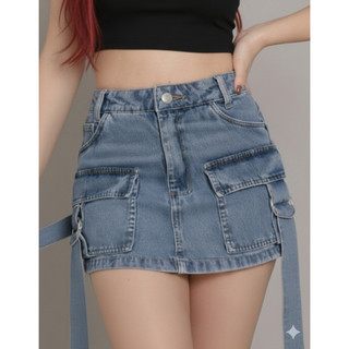 StreetWear Mini Saia  Cargo Jeans Feminina Cintura Alta Com Fivela Style