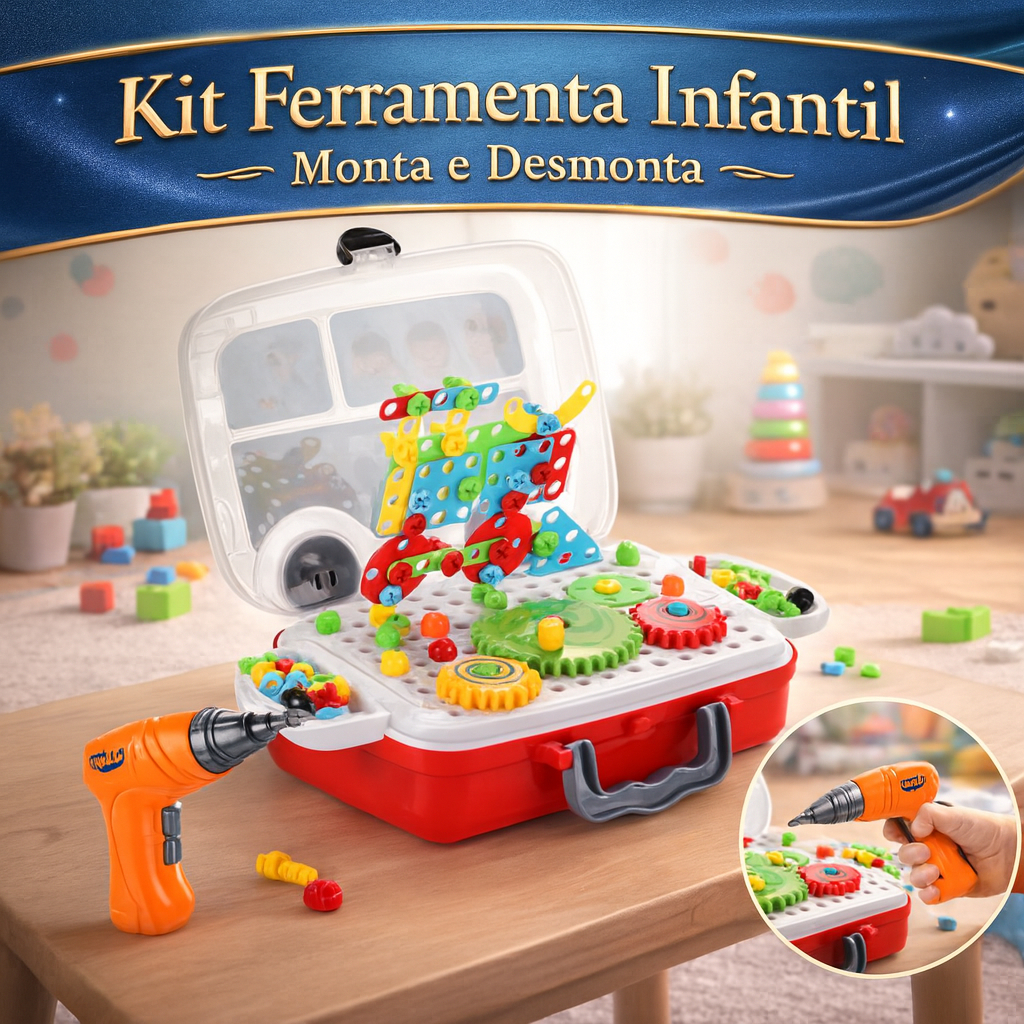 Kit Ferramenta Infantil Monta e Desmonta com Maleta Rodinhas e Mini Parafusadeira de Brinquedo