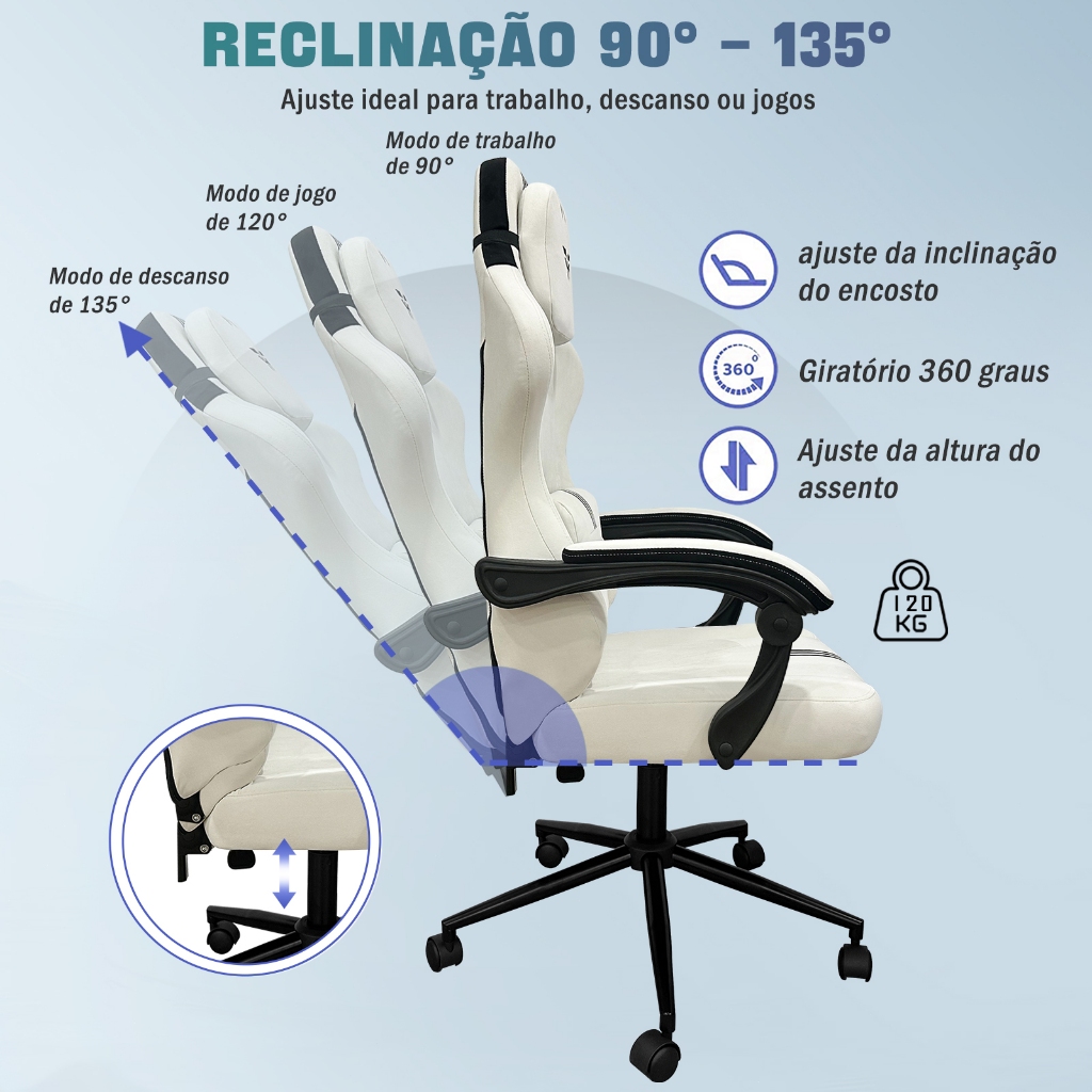 Cadeira Gamer com Encosto Lombar Ajustável, Reclinação 90-135°, Tecido Respirável, Suporta 120kg · foto 2