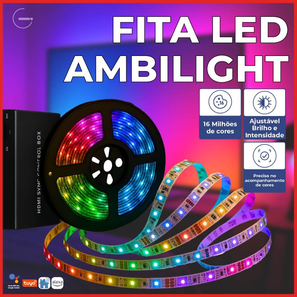 Kit Fita Led Ambilight TV Wi-Fi GMART para Smart de 55 a 65 Polegadas Luz RGB Automação Alexa Tuya em Oferta na Shopee