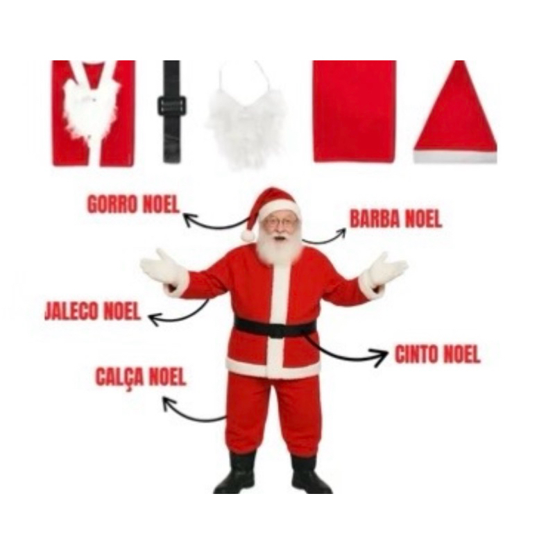 FANTASIA NOEL CETIM LUXO COMPLETA | TAM.: ÚNICO | MATERIAL: CETIM | 5 PEÇAS | PAPAI NOEL | NATAL | ÁRVORE | ANO NOVO