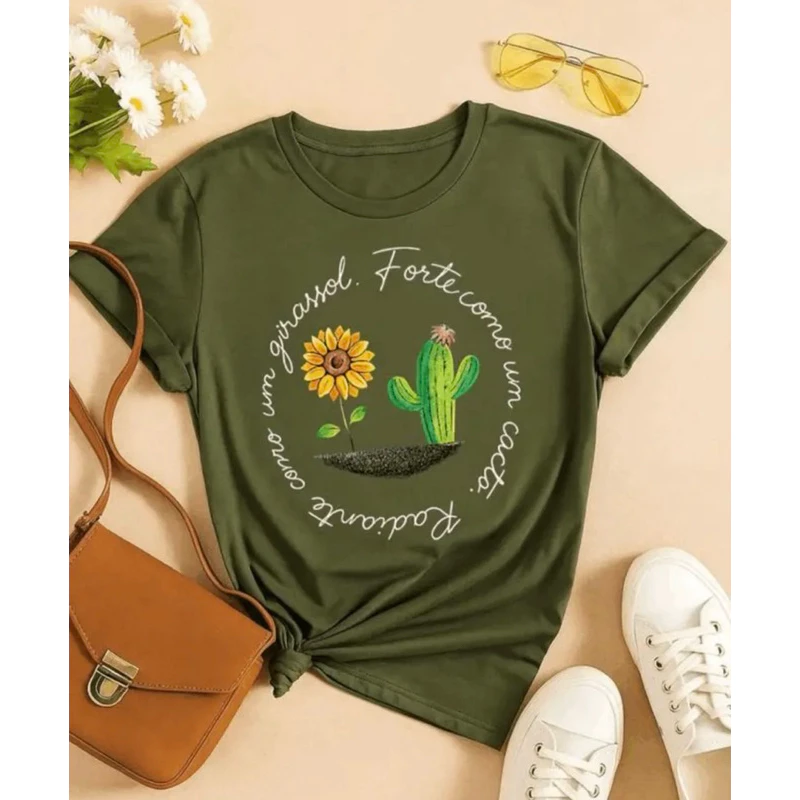 Blusa Feminina Estampa Girassol e Cacto Frase Motivacional Elegante Várias Cores 100% Algodão