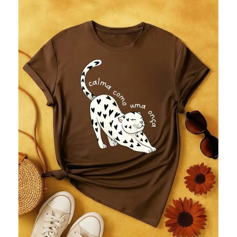 Blusa T-shirt Estampada Calma como uma Onça Delicada Verão Camiseta Algodão Básica