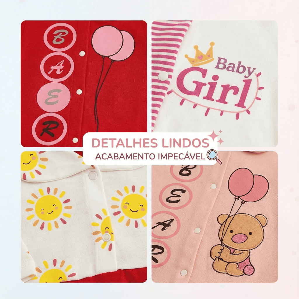 Kit 5 Macacão Bebê Menina Estampado Algodão Vira Pé Reversível Inverno Confortável Enxoval Macio — imagem 2 de 2