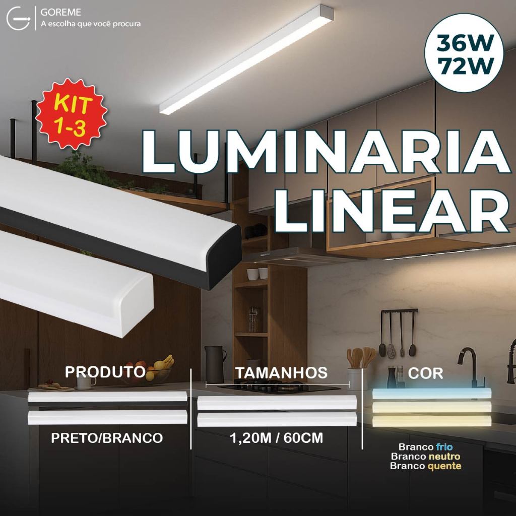 Luminária Linear Inteligente 72W 36W Preto ou Branco 120CM 60CM 3 Tons de Luz Bivolt em Oferta na Shopee