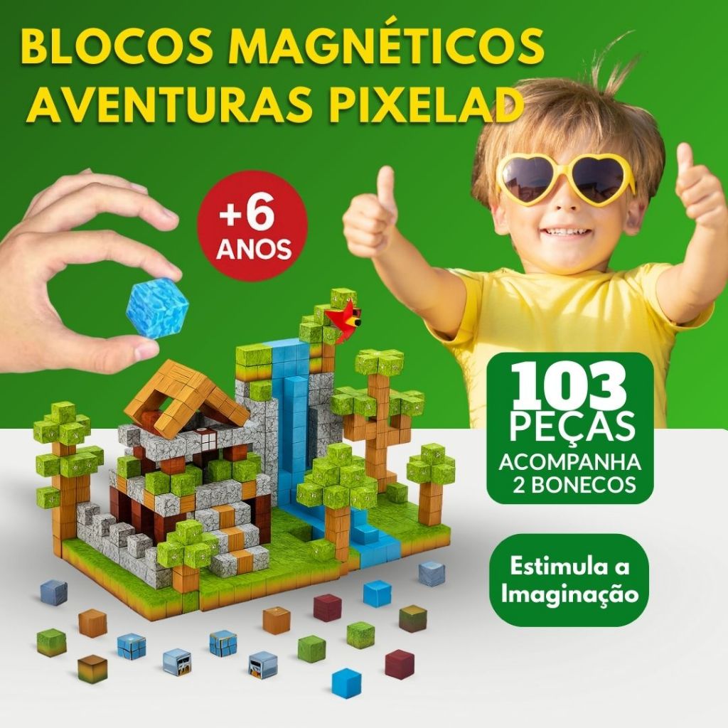 Blocos Magnéticos Mine Arte 103 Peças C 2 Bonecos Aventura Pixelad Meu Mundo Brinquedo Criativo Construção em Oferta na Shopee