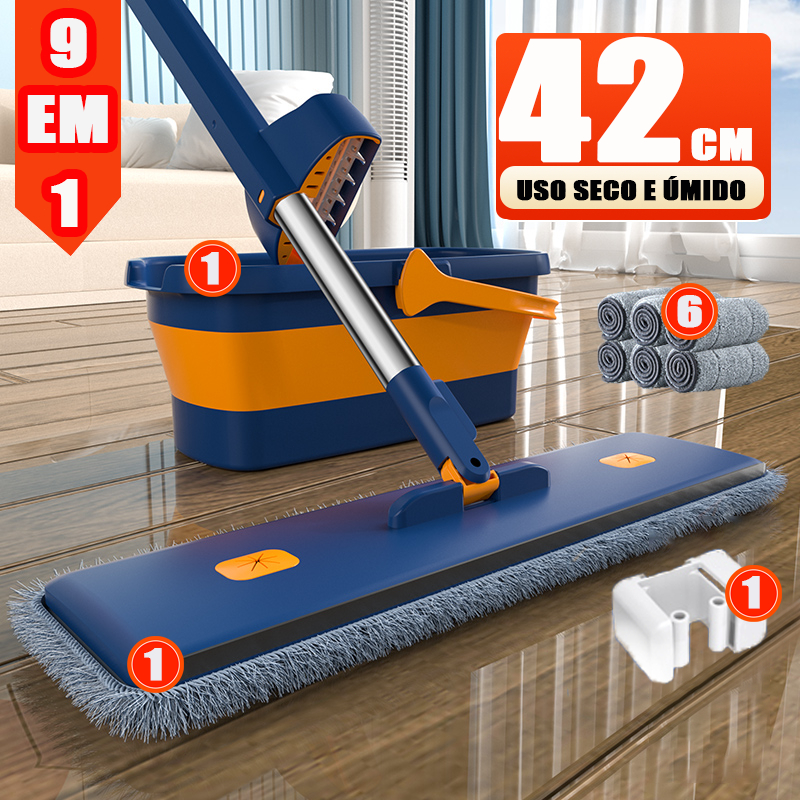 KIT 9 Conjunto De Dobrável Balde Raspador Microfibra Com Desaguamento Mop + balde + 6 refis de mop S10