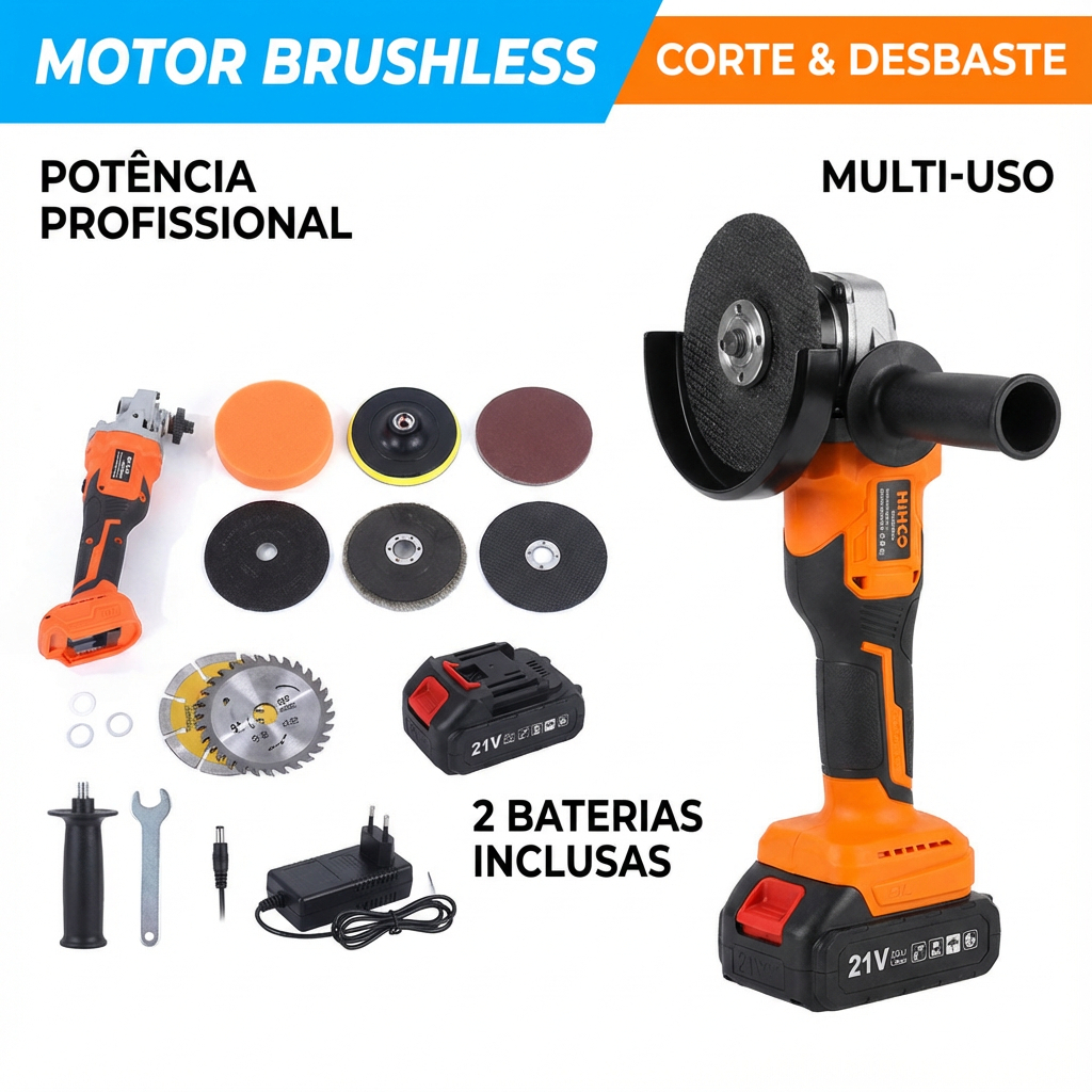 Esmerilhadeira 21V 125mm , não kit Discos, 9000RPM, 2 Baterias, Melhor Custo-Benefício