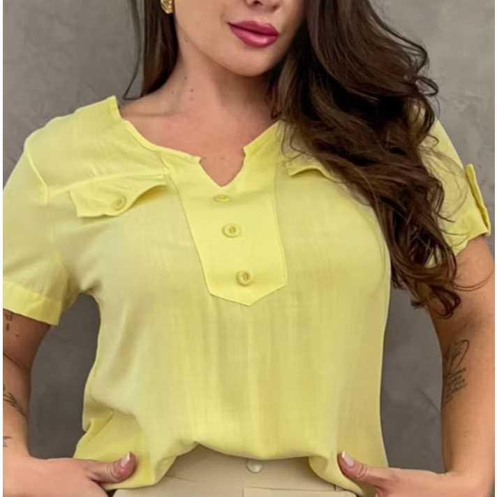 Blusa Camisa Feminina Casual Social com Botão Manga Curta em Viscolinho