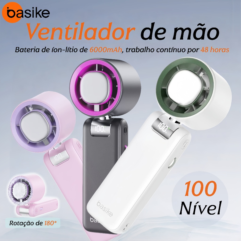 Basike Ventilador Portátil de Mão–Refrigeração, 100Nível Ventosidade Livre, Bateria 6000mAh+18000RPM em Oferta na Shopee
