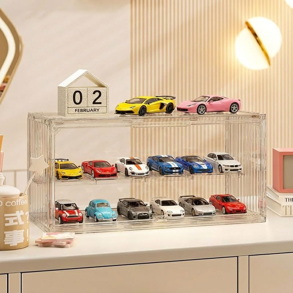 caixa expositor acrilico armazenamento miniaturas de carros Grande 2 camadas para 1:43 Bonecos Colecionáveis hot wheels