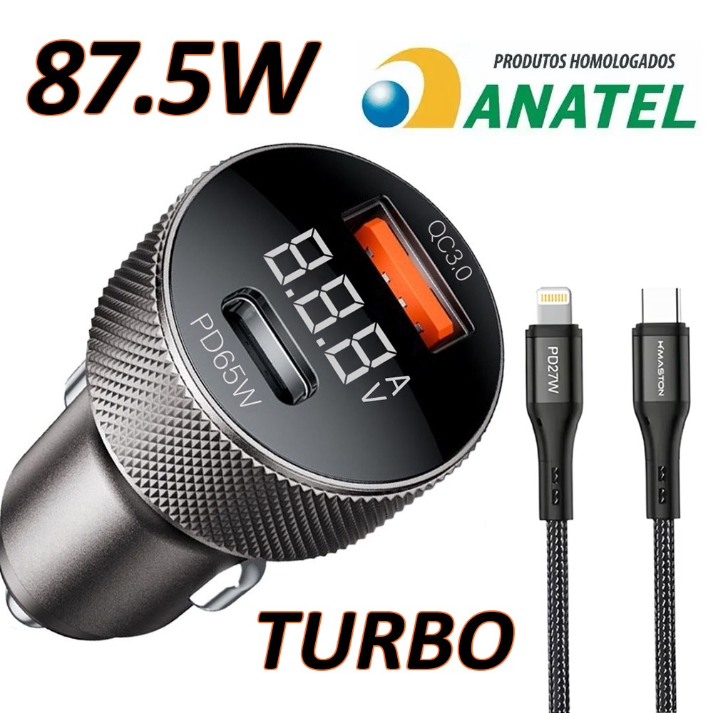 Carregador Veicular Turbo 87.5W TIPO C + USB Com 1 metro Cabo Carregamento rápido Metal aeronáutico