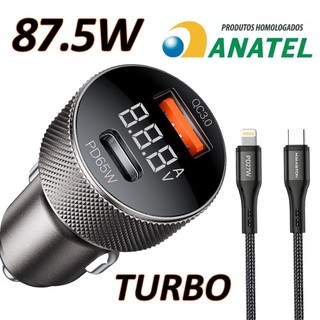 Carregador Veicular Turbo 87.5W USB-C USB-A Carregamento rápido Metal aeronáutico TIPO C
