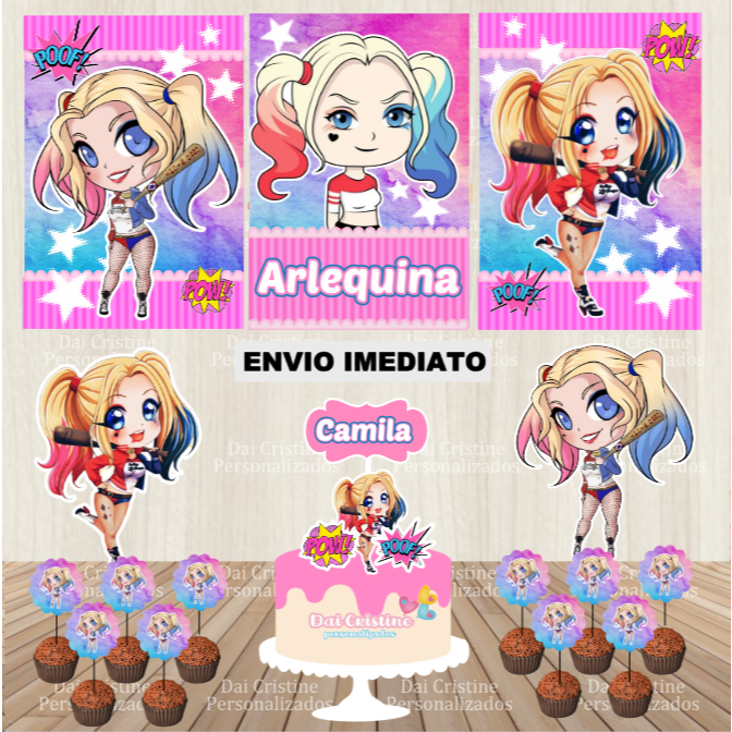 kit Mesvesario Personalizado Só um Bolinho Arlequina Mêsvesario para Festa  infantil  Alerquina Rosa