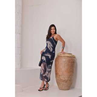 Vestido Longo Feminino de Tule Forrado Estampado Alça Fina Moda Elegante