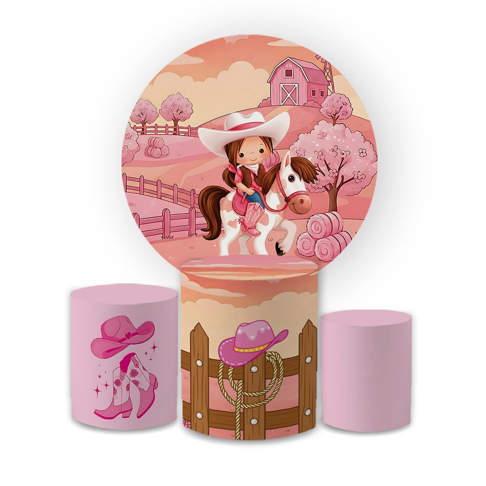 Kit Capa Painel Redondo + Trio Cilindro Decoração Fazendeira Cavalo Animais Festa Infantil Veste Fácil