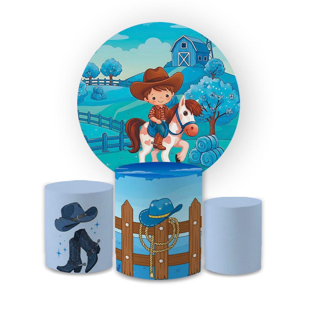 Kit Capa Painel Festivo + Trio Cilindro Decoração Cowboy Fazenda Animais Festa Aniversário Veste Fácil