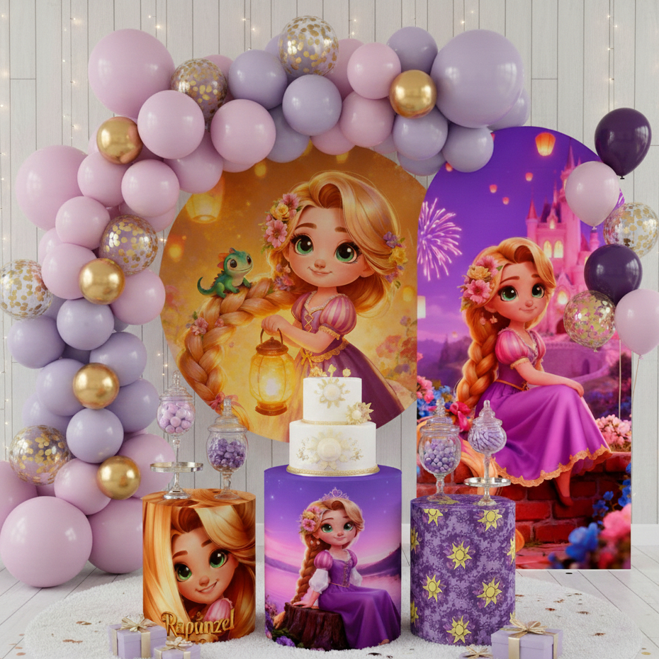 Kit Festa Capa Painel Redondo + Romano e Cilindros Decoração Cute Princesa R@punz3l Enrolados Aniversário Lançamento
