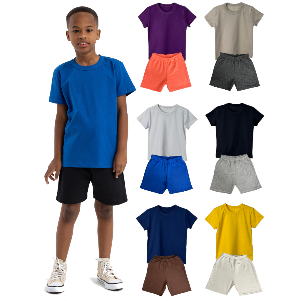 Kit 14 Peças Conjunto Infantil Menino Verão Camiseta e Bermuda Shorts Lisa Cores Sortidas em Oferta na Shopee