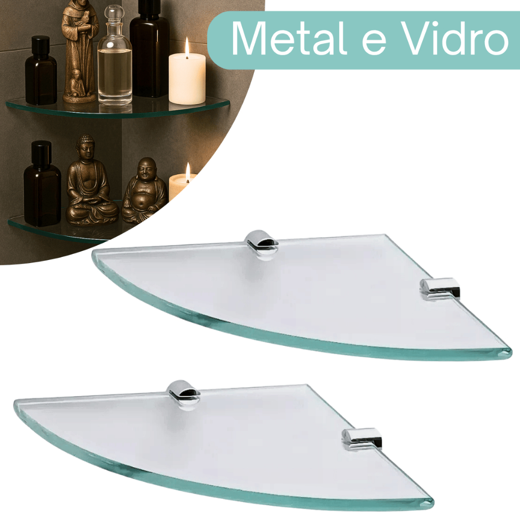 Kit 2 Prateleiras Multiuso e Porta Shampoo de Vidro 20x20x6 Banheiro Lavanderia Prateleira