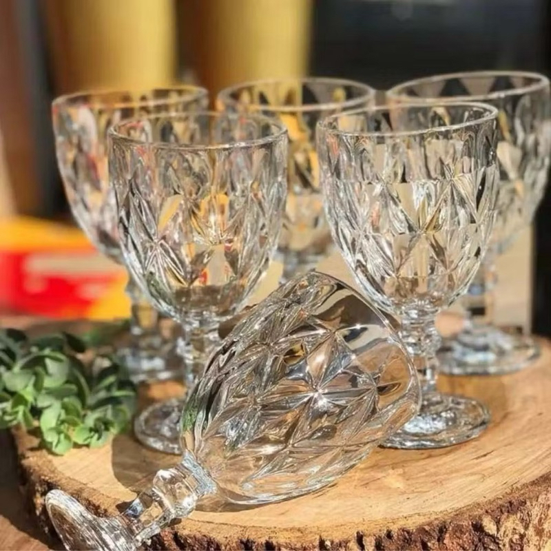 Jogo Conjunto 6 Taças Copos Vidro Diamante Transparente 350ml Resistente Sofisticado Taça de Água Vinho Suco Milk Shake