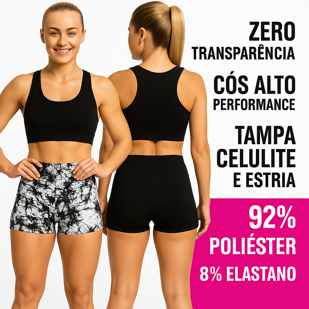 Kit 2 Shorts Ferminino Fitness Marmorizado + Preto liso Cintura Alta Academia