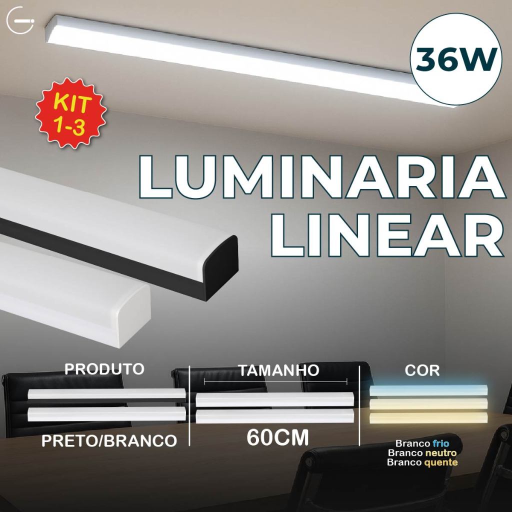 Luminária Linear Inteligente 36W Preto ou Branco 60CM 3 Tons de Luz Bivolt