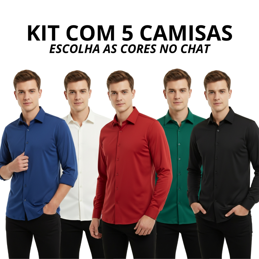 Kit 5 Camisa Social Manga Longa Slim Masculina Lisa Plus Size