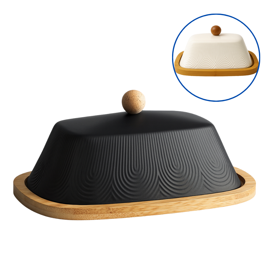 Manteigueira Em Porcelana Com Base Bambu Porta manteiga Oasis em Oferta na Shopee