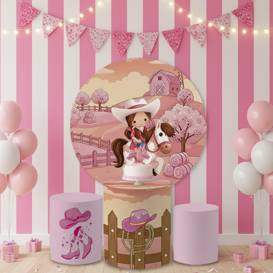 Kit Capa Painel Redondo + Trio Cilindro Decoração Fazendeira Cavalo Animais Festa Infantil Veste Fácil