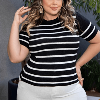 Blusa Plus Size Feminina Listrada Verão T-Shirt Listada Gola Redonda Manga Curta Tricot Elegante em Oferta na Shopee