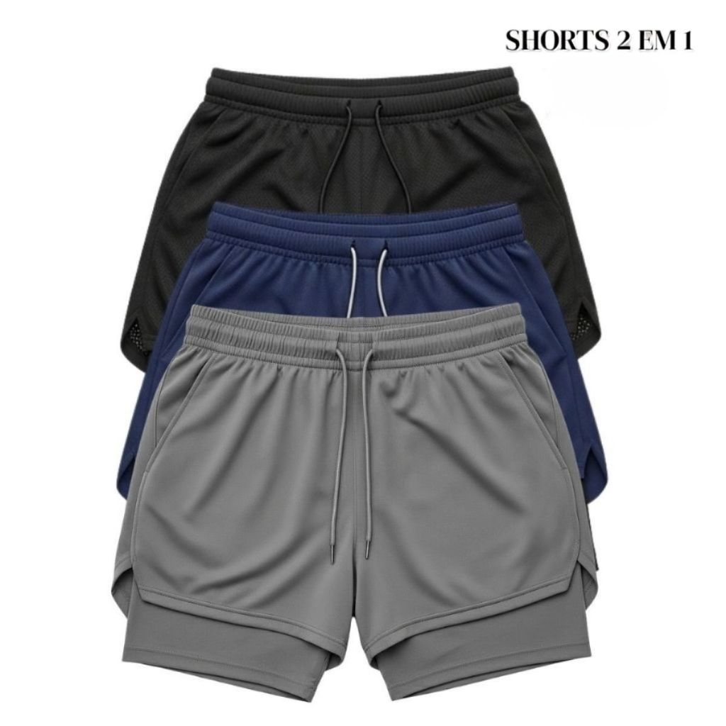 Kits 2  Shorts Masculinos 2 em 1 com Bolso Celular Alta Performance