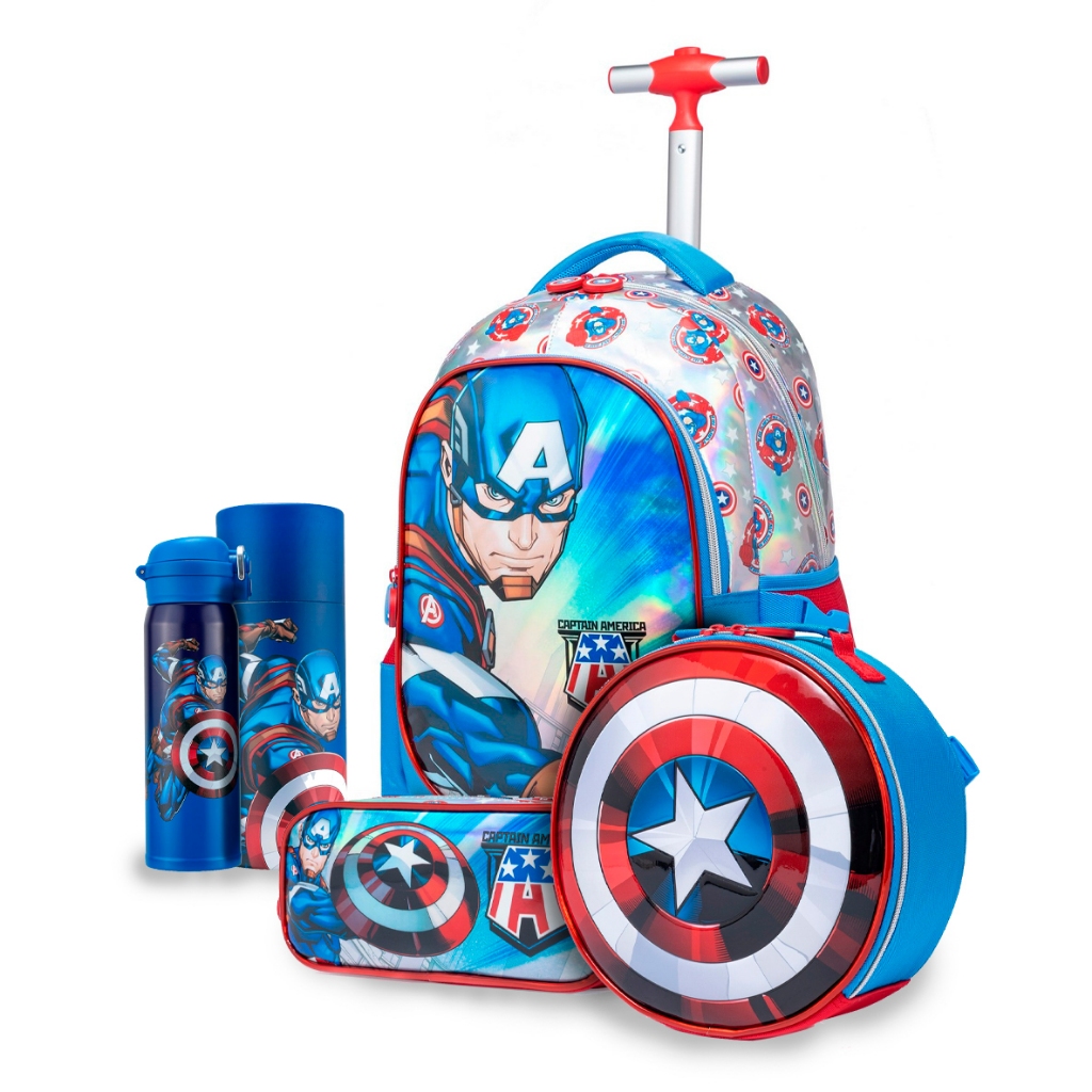 Kit Mochila Lancheira Estojo Garrafa Capitão America Infantil em Oferta na Shopee