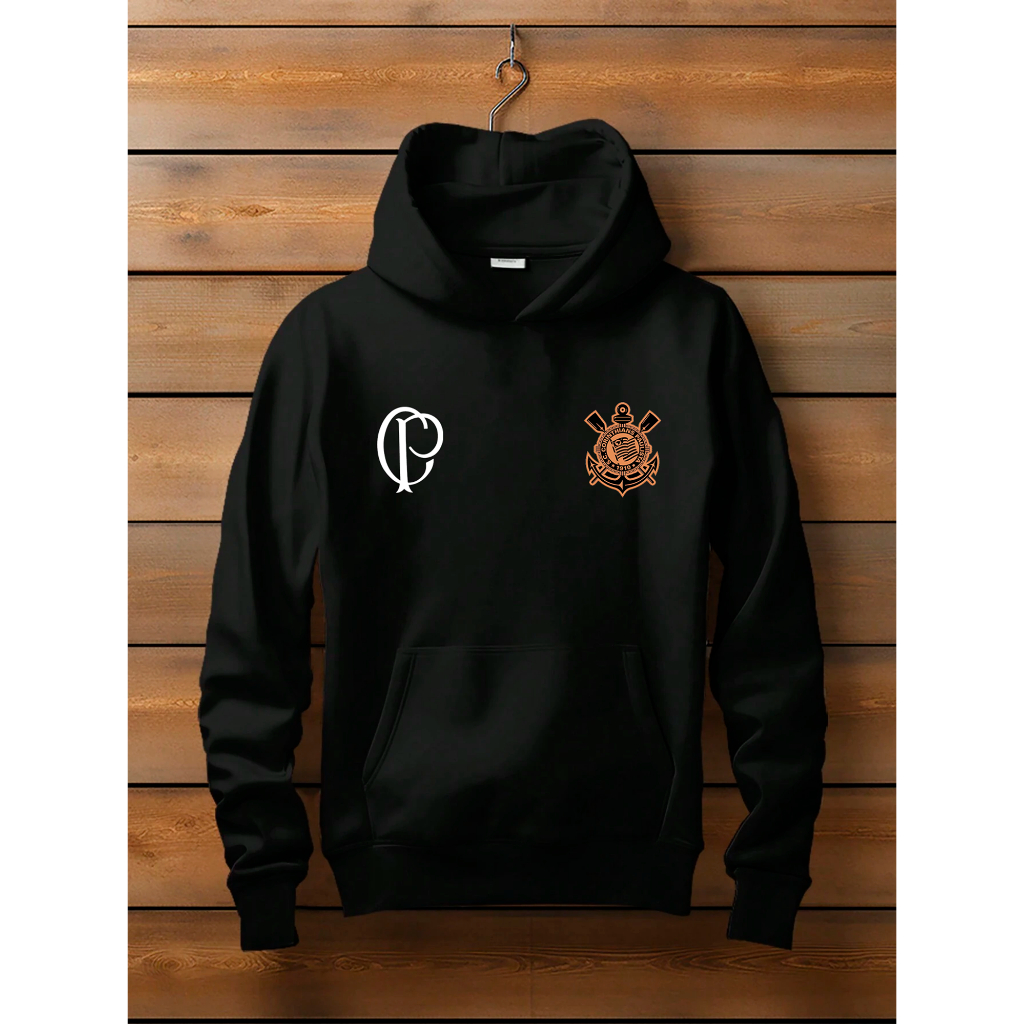 Blusa Moletom Canguru Unissex Casual Estampado Time Corinthians Blusa Frio Outono Inverno Confortável Algodão 2 Símbolos