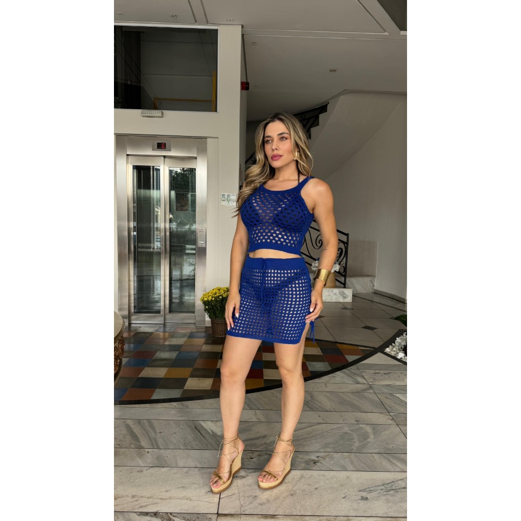 Saída De Praia Saia E Top Regata Tricot Moda Verão Piscina Conjunto Tricô Detalhes Tendência